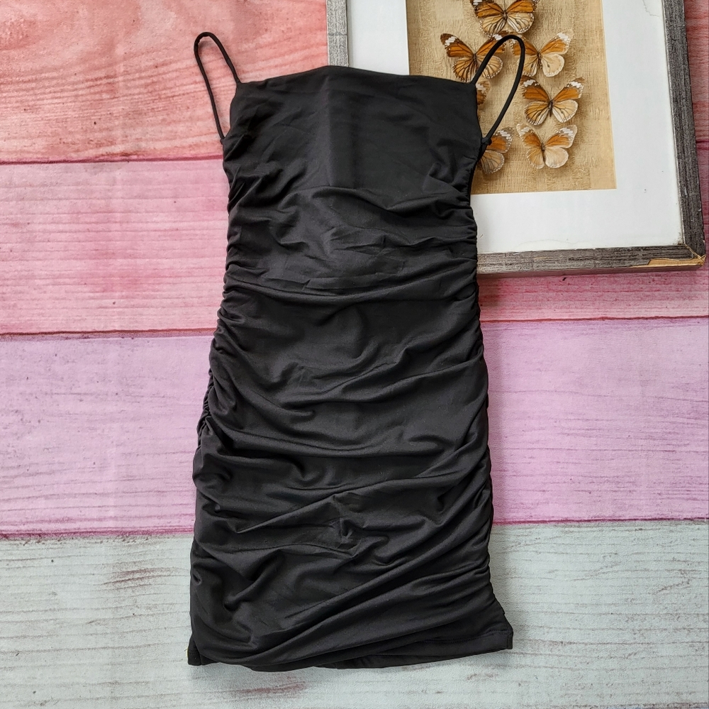 Princess Polly Black Absent Ruched Criss Cross Back Bodycon Stretch Mini Dress 4